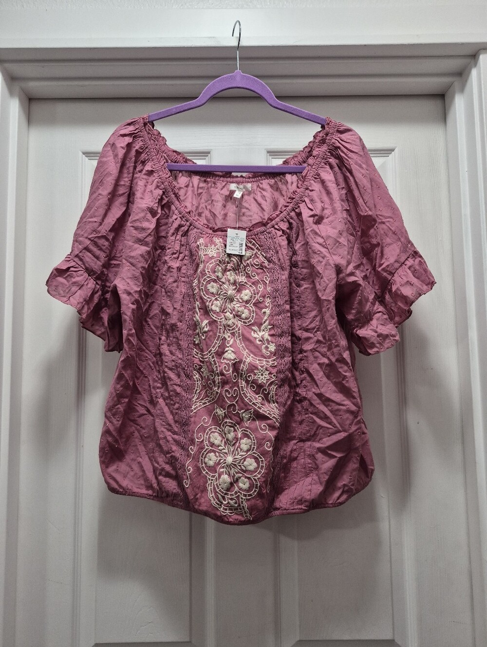 Maurices Rose Pink Embroidered Peasant Blouse